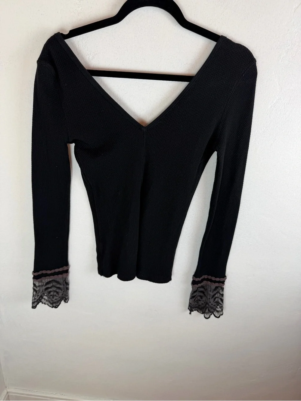Free People Last Dance Lace Embroidered cuff V-Neck Long Sleeve Thermal Top
